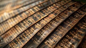 A closeup of a palm leaf mcript displaying finely written Sanskrit text that outlines various Ayurvedic techniques and practices photo
