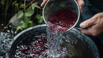 A hand carefully pouring a deep red liquid through a fine mesh sieve separating out any remaining plant particles photo