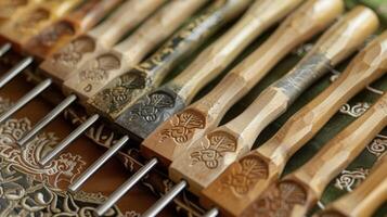 Closeup of a set of tuning forks each one labeled with a different frequency and corresponding to a specific chakra. The forks are carefully tapped against a soft mallet creatin photo