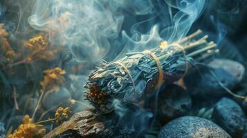 A bundle of dried herbs and sage tied with twine and blessed with sacred smoke used for cleansing and purification during shamanic ceremonies photo