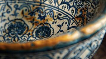 The intricate patterns of a ceramic bowl filled with herbal ointment made from a secret family recipe passed down through generations photo