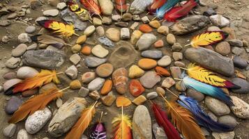 A closeup of a colorful medicine wheel made up of stones and feathers laid out on the ground. Each quadrant of the wheel represents a different aspect of healing and is use photo