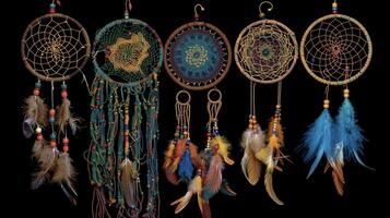 A set of intricately woven dreamcatchers adorned with beads and feathers used to bad dreams and protect dreamers during shamanic journeying photo