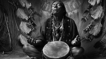 An animal skull and a bundle of feathers hang from the shamans belt as he sits crosslegged drum in his lap eyes closed in deep meditation photo