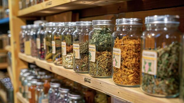 A shelf filled with jars and bottles each containing a different type of herbal remedy. The labels are written in a blend of foreign languages and intricate symbols photo