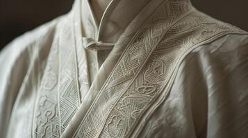 The intricate details of a Tai Chi uniform including the soft folds of fabric and intricate patterns are showcased in a closeup shot photo