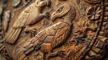 An upclose view of a medicine wheel made of wood with intricate carvings depicting natural elements and animals. The wheel serves as a reminder of our connection to the natura photo