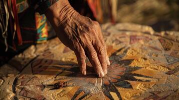 A closeup of a hand placing an offering of tobacco in the center of the medicine wheel honoring the tradition of giving thanks and creating balance between humans and nature photo