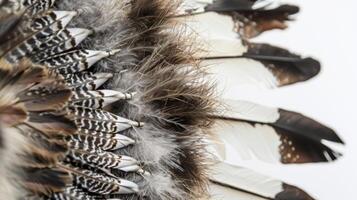 A detailed shot of a Native American shamans headdress featuring a variety of animal feathers and fur each representing a specific power animal in their healing practices photo