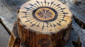 A wooden drum carved with intricate symbols used in Native American ceremonies to call upon the spirits and connect with the divine photo