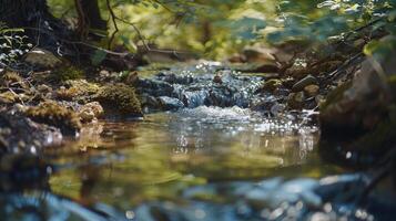 A small stream its babbling flow harmonizing with the soft whispers of the tree branches as they sway in the breeze photo