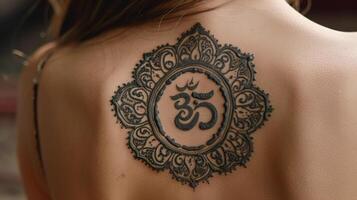 A closeup of a womans intricate henna tattoo featuring a pattern of ss symbolizing the power of transformation and healing in many cultures photo