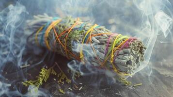 A bundle of sweetgrass tied with colorful string releasing wisps of smoke during a smudging ritual photo
