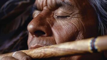 A closeup of a Native American mans face his eyes closed as he plays a traditional flute using its soothing melodies as a form of healing and meditation photo