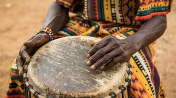 Closeup of a gentle hand the smooth surface of a djembe drum ready to summon its soulstirring and theutic sound photo