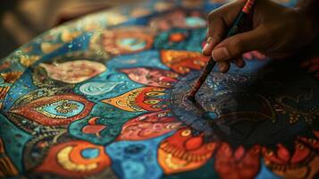 A closeup of a handpainted mandala with intricate designs and animal figures representing the interconnectedness and balance between humans and the natural world in spiritua photo