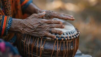 Slightly blurred fingers dance over the taut surface of a tabla drum creating an intricate and soothing rhythm that calms the mind and body photo