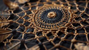 A detailed image of a dreamcatchers woven strands displays intricate patterns and textures representing the complexity and beauty of our inner worlds photo