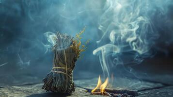 A bundle of sage burning releasing its cleansing smoke and representing the ancient practice of smudging for spiritual and physical healing photo