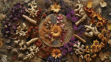 A collection of dried herbs and roots arranged in intricate patterns on a wooden surface. Each ingredient is carefully chosen and symbolizes the healing properties of natur photo