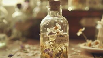 A close up of a delicate glass bottle filled with a clear liquid with a handwritten label reading healing elixir and small pieces of dried flowers floating inside photo