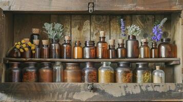 un de madera gabinete lleno con varios aceites y hierbas su etiquetas descolorido pero su medicinal propiedades todavía potente. esta imagen habla a el largo historia y riqueza de conocimiento foto