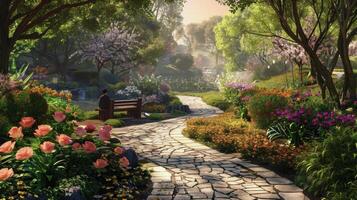 A peaceful garden filled with vibrant flowers winding paths and tranquil water features. A person is seen taking a rest on a bench surrounded by nature and lost in their ow photo