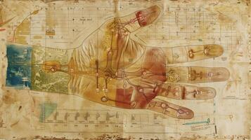 A detailed shot of a reflexology chart highlighting the different areas of the hand and their corresponding or body parts photo