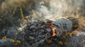 A bundle of burning sage symbolizing the smudging ritual commonly used in Native American healing ceremonies for purifying energy and promoting spiritual healing photo