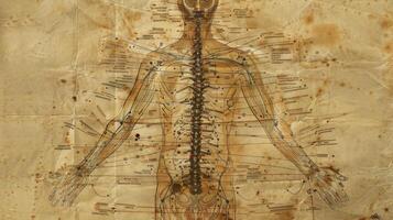 A detailed image of an acupuncture chart illustrating the intricate network of meridians and pressure points in the human body photo