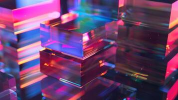 A stack of holographic plates each displaying a different stage of a holographic 3D printing process demonstrating the progression and development of the innovative technique photo