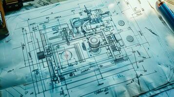 A faded blueprint sketch of a prototype bioprinter from the 1980s with handwritten notes and calculations in the margins. The design features a large clunky machine with multipl photo