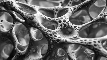 A macro view of a porous spongelike material with tiny interconnected pores visible throughout its surface. This biocompatible material made from natural materials such a photo