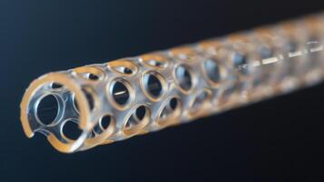 A detailed shot of a small flexible tube with small holes punched along its length. This tube made from a biocompatible polymer is used to deliver medication directly to th photo