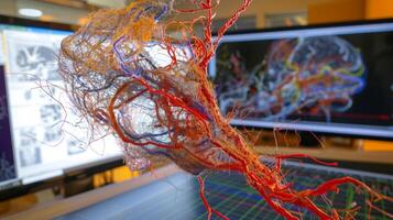 On a computer screen a 3D model of a human organ rotates showing the intricate network of vessels and tissues. The model is being used to study how regenerative technique photo
