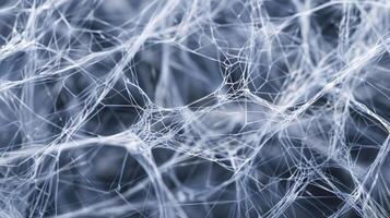 A magnified image of aerographite fibers interwoven in a complex pattern resembling a futuristic spider web. The composition is strong and flexible hinting at its potentia photo
