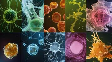 Microscopic images of various cell types grown in a lab using biofabrication techniques displaying different shapes and functions photo