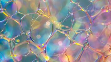 A magnified image of the materials structure revealing a intricate network of rainbowcolored cells that seem to dance and shift as the light hits them photo