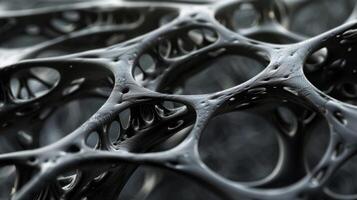 A closeup of a lightweight structure made of black aerographite material showcasing its intricate and delicate weblike structure. The material appears to be almost weightles photo