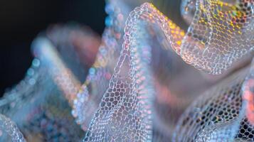 An upclose look at the delicate yet durable fibers of a shape memory polymer textile. The fibers are tightly woven with areas of differing magnetic properties that allow th photo