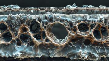 A crosssection view of a shape memory polymer bar displaying its layers and the intricate lattice structure within. Small flecks of magnetic particles can be seen embedde photo
