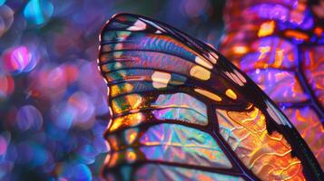 A vibrant and colorful display of iridescent butterfly wings fills the frame each one uniquely patterned. These intricate and delicate wings are not real but instead are create photo