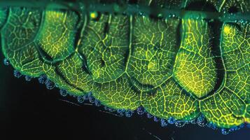 Next a microscope image shows the surface of a leaf coated in tiny droplets of water unable to spread and absorb into the leaf due to a layer of hydrophobic spray applied photo