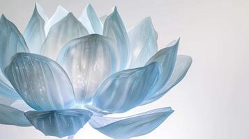 A sculpture stands tall against a stark white wall its delicate petals glowing in a soft blue hue. The use of bioluminescent material adds a unique and ethereal element t photo