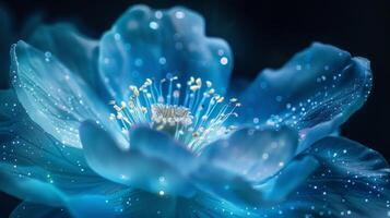 A delicate otherworldly flower is depicted in this closeup of a bioluminescent art piece. The intricate petals and stamens seem to glow from within casting a soft etherea photo