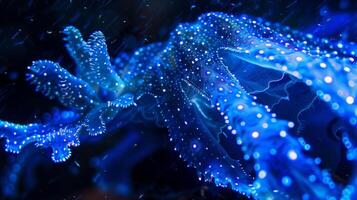 A macro view of a deepsea creature revealing intricate patterns of bioluminescent stripes and spots along its body photo