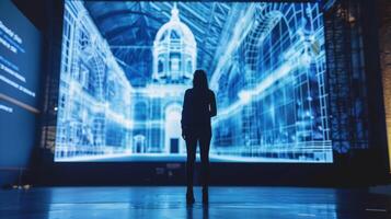 A person standing on a stage looking at a screen in front of them. The screen is displaying a 3D model of a historic landmark with detailed information about its constructio photo