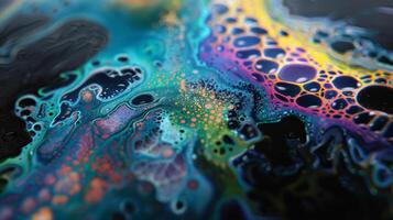 In this closeup the camera focuses on a small section of the canvas revealing the intricate details of the bioluminescent pigment. As the light hits the surface the color photo