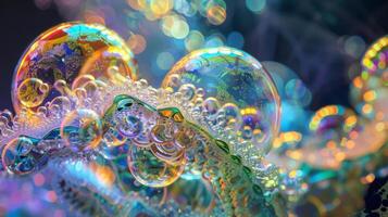 Tiny translucent bubbles of varying sizes seem to float in the air reflecting light and colors in a mesmerizing display. These bubbles are created from bioinspired material photo