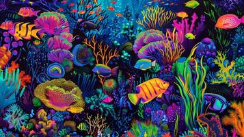 An intricate coral reef teeming with luminous fish and sea creatures each one adding a vibrant pop of color to the underwater scene photo